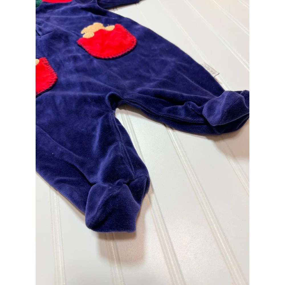 Little Me Vintage Baby Velour Footed Sleeper Navy Blue Bear Pockets 3-6 Months